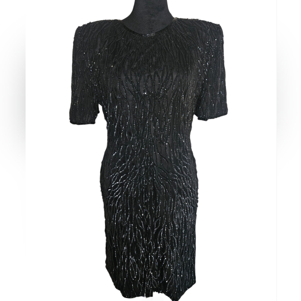 Vintage Laurence Kazar Silk Black Sequined & Beaded Midi Evening Dress Size L